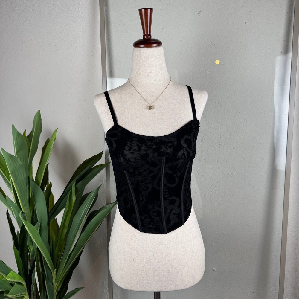 Whimsigoth Dark Academia Black Burnout Victorian Grunge Velvet Cropped Corset XS